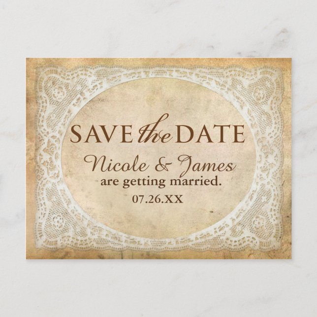 Vintage spetsram rustic spara datum vykort (Framsida)