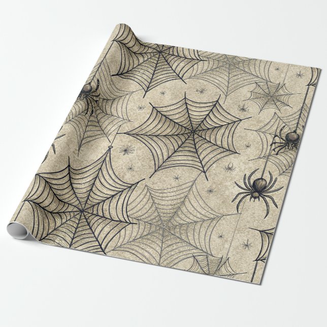 Vintage spindlar och spindelnät Halloween-mönster Presentpapper (Utrullad)