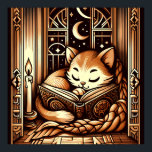 Vintage Spipande konst Deco Stil med Bok Poster<br><div class="desc">Vintage konst deco konst stil illustrerar en katt som sover på bok med ljus framför ett fönster med ett nattligt himlar med måne och stjärnor utanför. Färg är en brunhavston.</div>