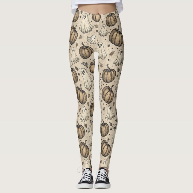 Vintage Spöken & Pumpkins Halloween Mönster (2) Leggings (Framsida)