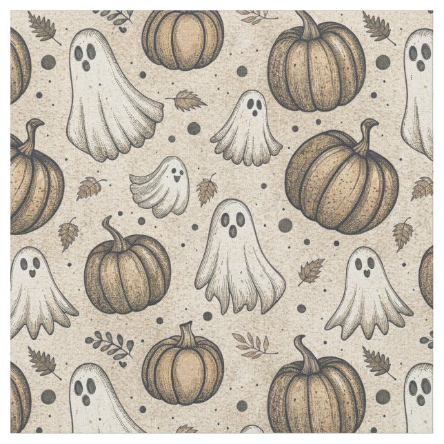 Vintage Spöken & Pumpkins Halloween Mönster (2) Tyg (Närbild)