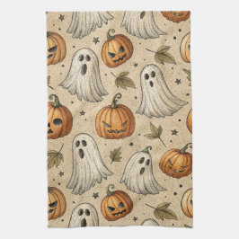 Vintage Spöken & Pumpkins Halloween Mönster Kökshandduk