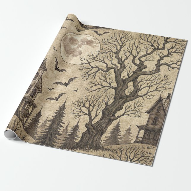 Vintage spökhus & fullmåne presentpapper (Utrullad)