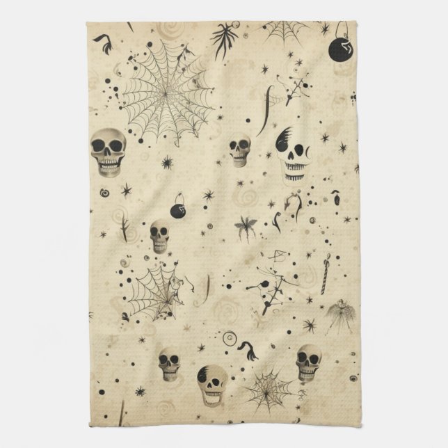 Vintage spöklik Halloween-sömlöst mönster Kökshandduk (Vertikal)