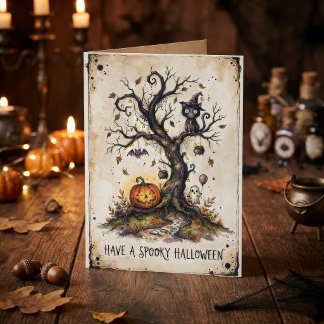Vintage spöklik Halloween-träd Kort