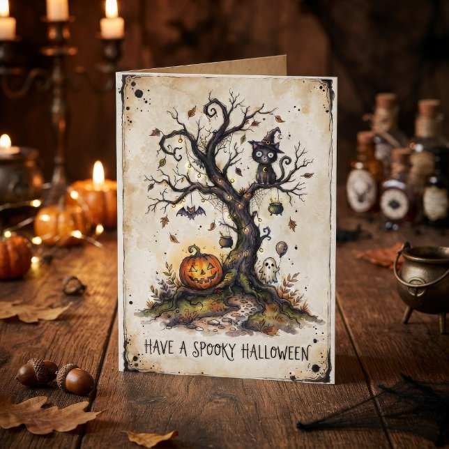 Vintage spöklik Halloween-träd Kort (Skapare uppladdad)