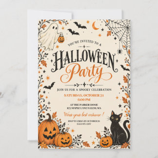 Vintage spökpumpa svart katt Halloween-fest Inbjudningar