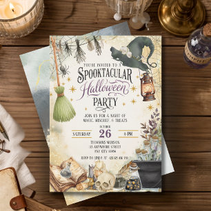 Vintage Spooktacular Trollkarl Häxa Halloween-fest Inbjudningar