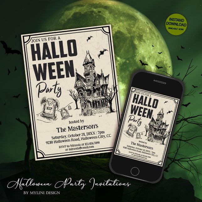 Vintage Spooky Graveyard Spökhus Halloween Inbjudningar (Skapare uppladdad)