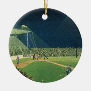 Vintage Sport, Basebollmatch på Natten Julgransprydnad Keramik