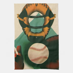 Vintage sport basebollspelare, catcher med fångarh kökshandduk