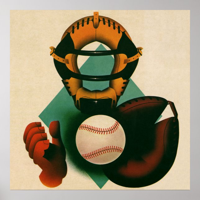 Vintage sport basebollspelare, catcher med handske poster (Framsidan)