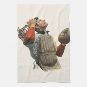 Vintage Sport Basebollspelare, Catcher Tittar Upp Kökshandduk
