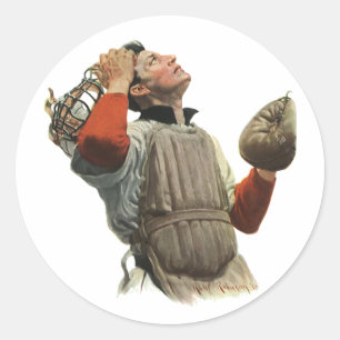 Vintage Sport Basebollspelare, Catcher Tittar Upp Runt Klistermärke