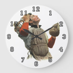 Vintage Sport Basebollspelare, Catcher Tittar Upp Stor Klocka