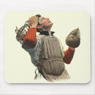 Vintage Sport Basebollspelare, Catcher Tittar Uppå Musmatta