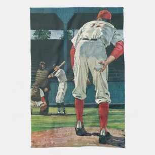 Vintage sport basebollspelare pitcher på kulle kökshandduk