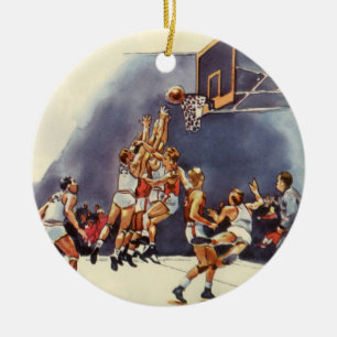 Vintage sport basketboll, spelare i en match julgransprydnad keramik