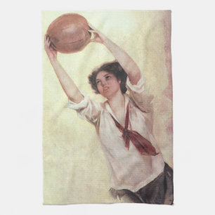Vintage Sport, Kvinna Basketspelare med Boll Kökshandduk