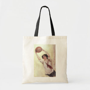 Vintage Sport, Kvinna Basketspelare med Boll Tygkasse