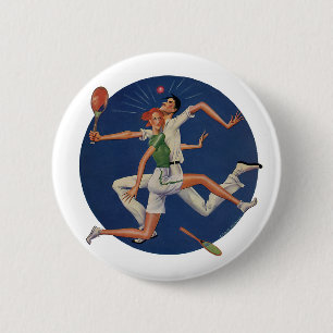 Vintage Sport, Tennisspelare Krockar med Racketer Knapp
