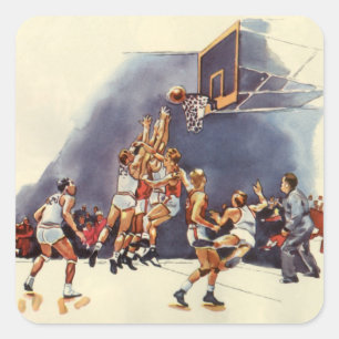 Vintage sportbasketboll, spelare i en match fyrkantigt klistermärke