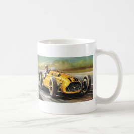 Vintage sportracing, gul tävlingsbil förare kaffemugg