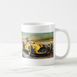 Vintage sportracing, gul tävlingsbil förare kaffemugg
