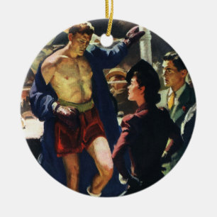 Vintage Sports Boxing, Boxer Lämnande Ring Julgransprydnad Keramik