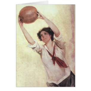 Vintage Sports, Woman Basketball Player med Boll Hälsningskort