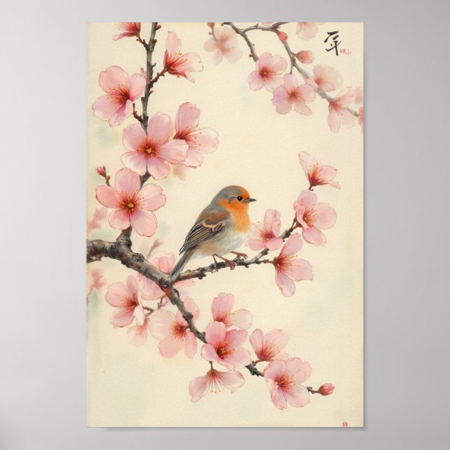 Vintage Spring Bird Cherry Blossom Wall Art Poster (Framsidan)