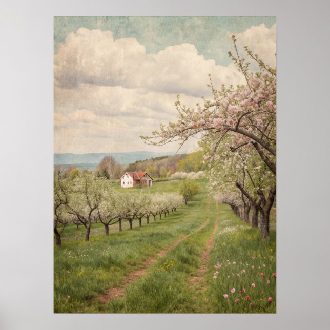 Vintage Spring Blossom Orchard Cottage Art Poster (Framsidan)