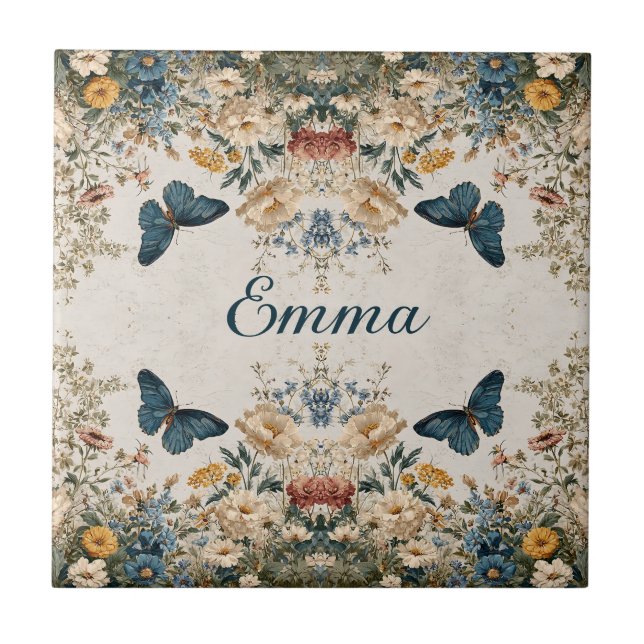Vintage Spring Butterfly Floral Garden Kakelplatta (Framsidan)