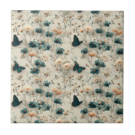 Vintage Spring Flowers and Butterflies Kakelplatta