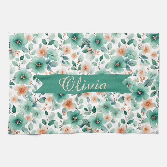 Vintage Spring Green Floral Personalized Kökshandduk (Horisontell)
