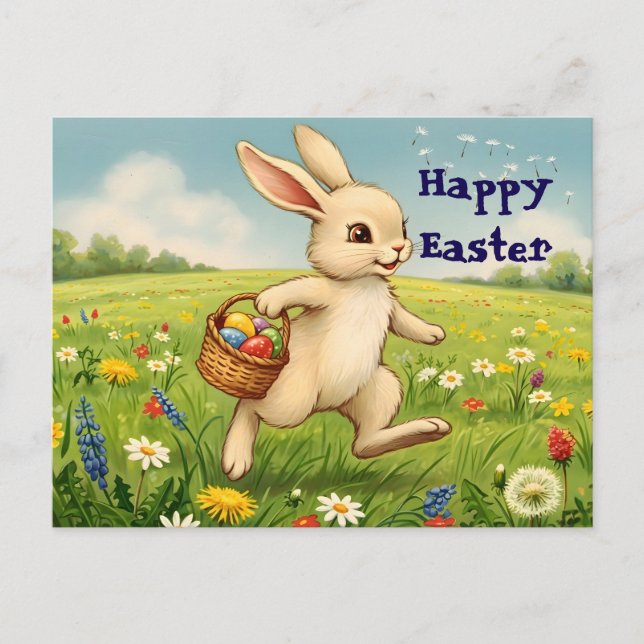 Vintage Spring Meadow Easter Bunny Helg Vykort (Framsida)