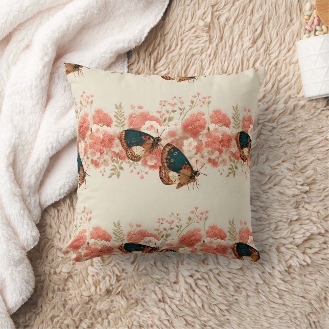 Vintage Spring Pink Flowers with Butterflies Kudde (Filt)