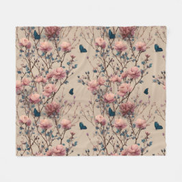 Vintage Spring Roses with Blue Butterflies Fleecefilt