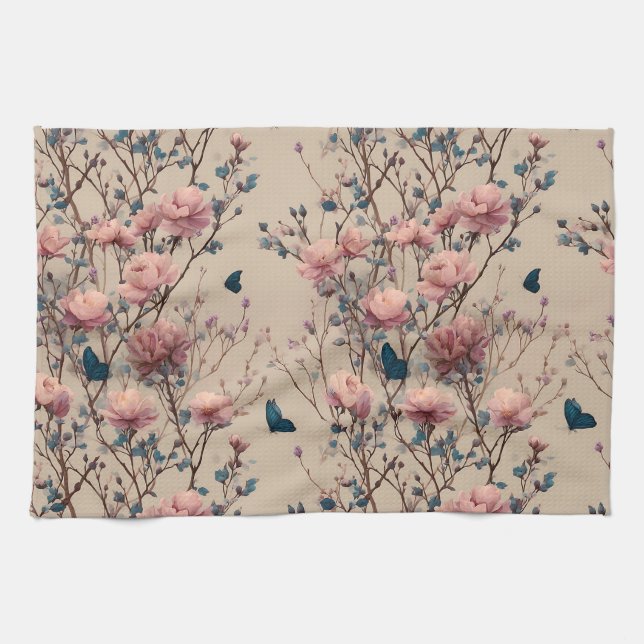 Vintage Spring Roses with Blue Butterflies Kökshandduk (Horisontell)