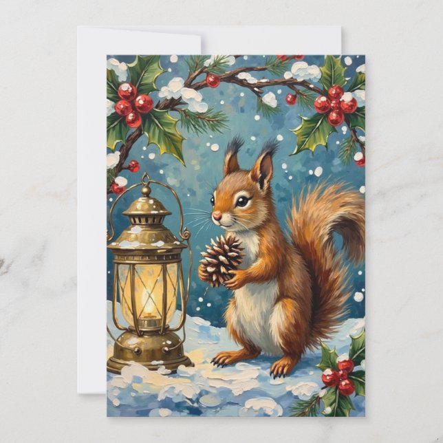 Vintage Squirrel with Christmas Lantern Winter Julkort (Framsida)