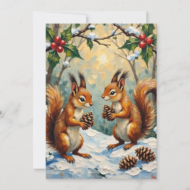 Vintage Squirrels Gathering Pinecones Christmas Julkort (Framsida)