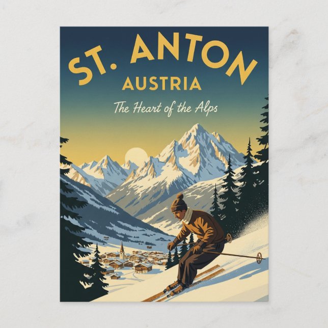 Vintage St. Anton Austria Skier Skiing Vykort (Framsida)