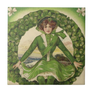 Vintage St. Patrick's Day, andedräkt med Irish Las Kakelplatta