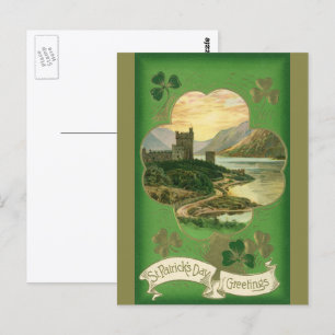 Vintage St. Patricks Day Hälsning Castle Shamrock Vykort