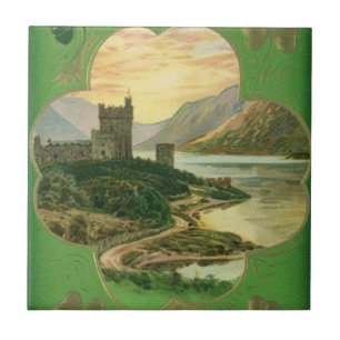 Vintage St. Patricks Day Hälsning Shamrock Castle Kakelplatta