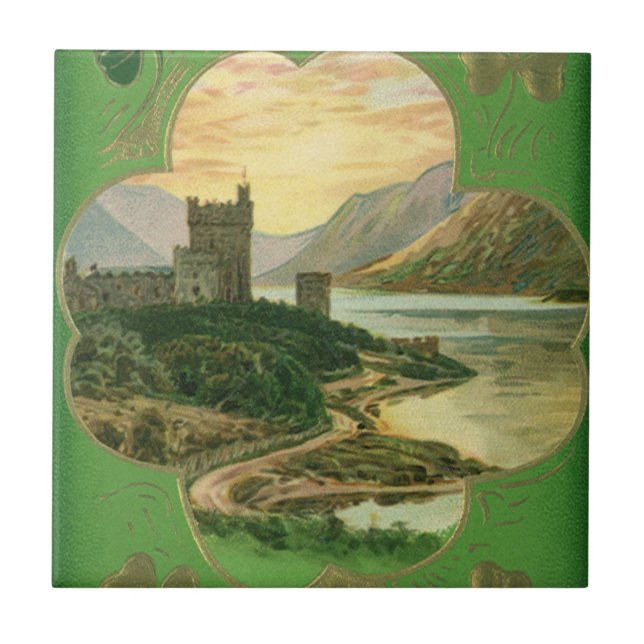 Vintage St. Patricks Day Hälsning Shamrock Castle Kakelplatta (Framsidan)