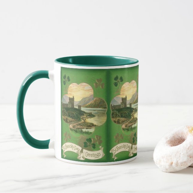 Vintage St. Patricks Day Hälsning Shamrock Castle Mugg (Med munk)