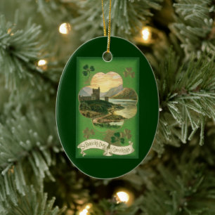 Vintage St. Patricks Day Hälsningar Shamrock Slott Julgransprydnad Keramik