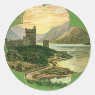 Vintage St. Patricks Day Hälsningar Shamrock Slott Runt Klistermärke