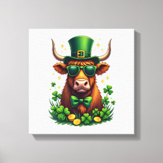 Vintage St. Patricks Day Highland Ko med Shamrock Canvastryck